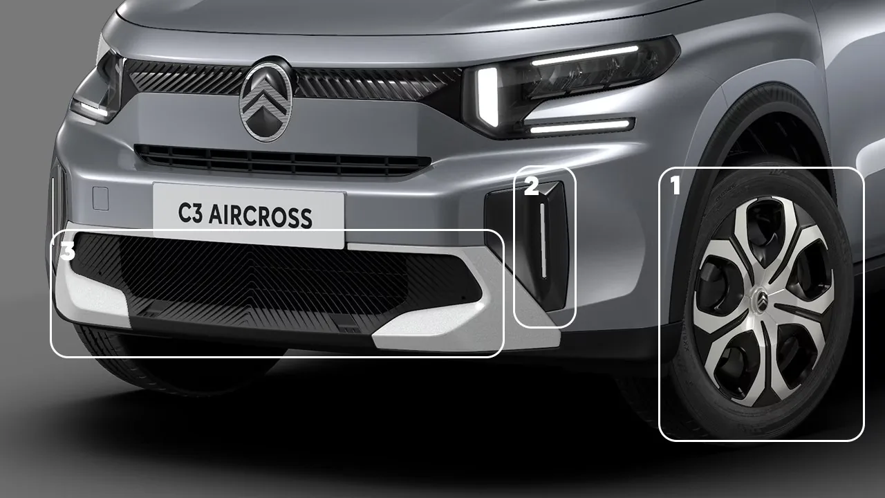 الواجهة الأمامية لسيارة C3 Aircross 2026: شعار Citroën الجديد وتوقيع LED على شكل خطافات
