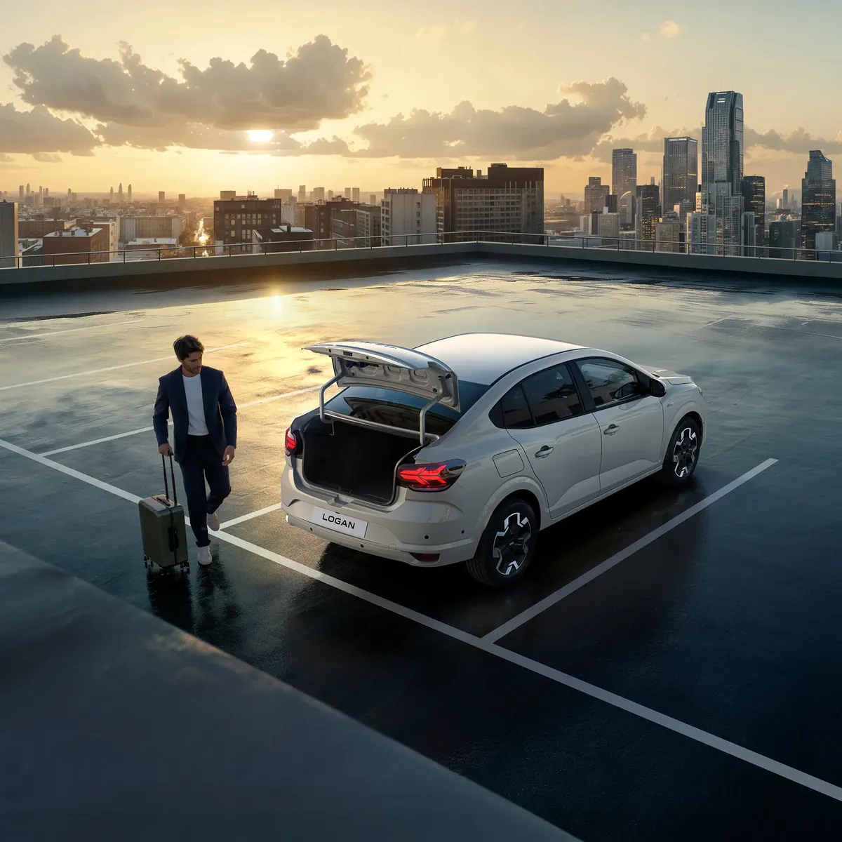 Kofferraum der Dacia Logan 2026 mit 528 Litern, geöffnet mit Gepäck
